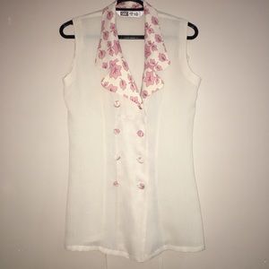 Cream vintage blouse with pink leaf print on collar